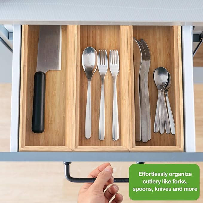 Kigley 8 Pieces Bamboo Drawer Organizer Kitchen Utensils Wooden Utensil Stackable Wooden Storage Box Bamboo Silverware Tray for Drawer(12 x 3 x 2 Inch,Wood)