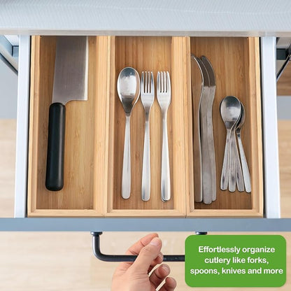 Kigley 8 Pieces Bamboo Drawer Organizer Kitchen Utensils Wooden Utensil Stackable Wooden Storage Box Bamboo Silverware Tray for Drawer(12 x 3 x 2 Inch,Wood)