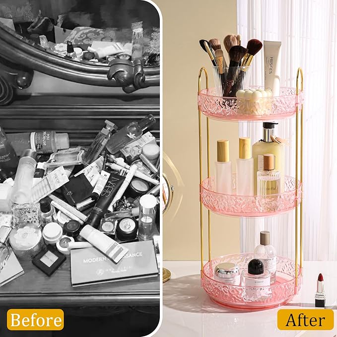 Fangoo Rotating Makeup Organizer for Vanity, 360 Spinning Cosmetic Storage, Perfume Holder for Bathroom Countertop or Dresser (Pink, 3 Tiers)