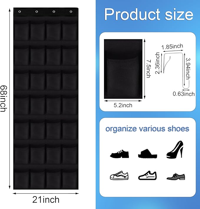28 Mesh Pockets Hanging Shoe Organizer, Over the Door Shoe Organizer，Closet Storage Holder for Back of Door Storage Holder for Back of Door(Black)