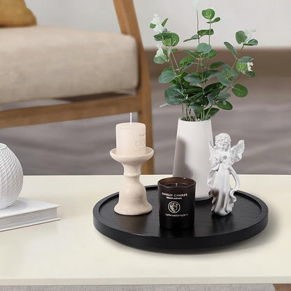 Wood Lazy Susan Organizer Kitchen Turntable for Cabinet Farmhouse Bathroom Decor Round Decorative Tray for Vanity, Counter, Sink, Coffee Table, 12 Inch, Black