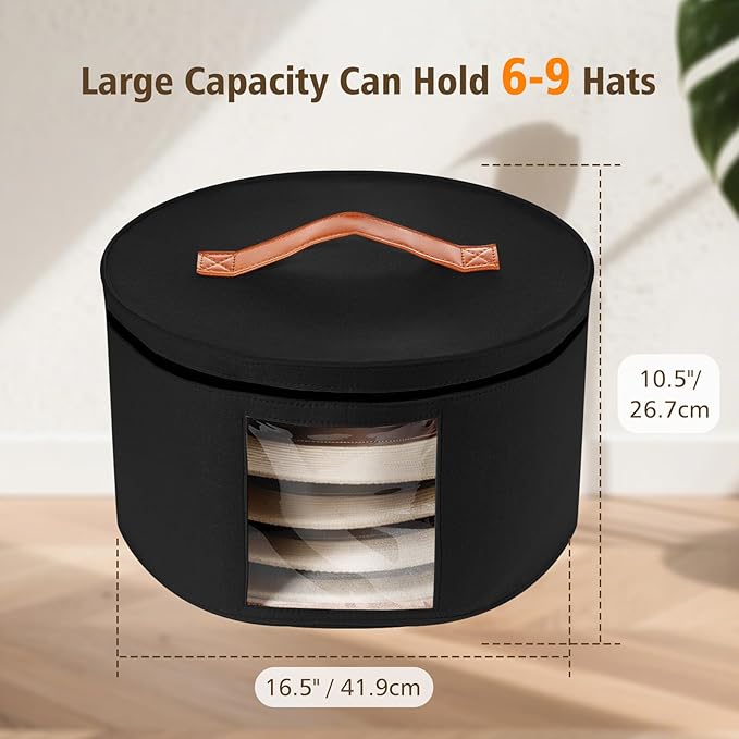 HEAVYWOOD Hat Box for Women Storage Travel Felt Hat Case for Wide-Brim Cowboy Hat Storage Foldable Organizer for Closet Large Round Hat Carrier with Portable Handle (Pure Black)