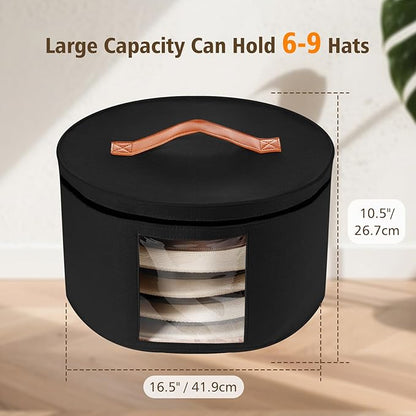 HEAVYWOOD Hat Box for Women Storage Travel Felt Hat Case for Wide-Brim Cowboy Hat Storage Foldable Organizer for Closet Large Round Hat Carrier with Portable Handle (Pure Black)