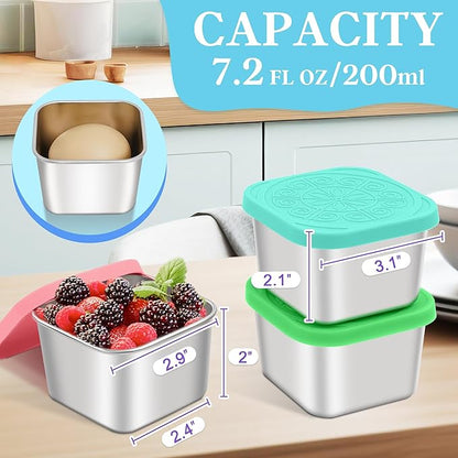 Qukaka Stainless Steel Snack Containers for Kids,7.2oz Easy Open Leak Proof Reusable Snack Box Container with Lids,Small Lunch Containers for Meal Prep,School,Picnic and Travel-6Pack