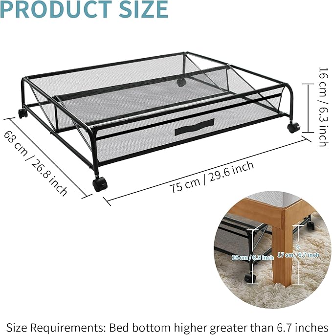 Under Bed Shoe Storage with Wheels, Space Saving Shoe Organizer with Sturdy Metal Frame & Breathable Mesh, Suitable Under The Bed, Sofa and Desk, 1 Pack