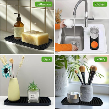 Silicone Sink Organizer Tray, Multi-Use Soap & Sponge Holder for Kitchen and Bathroom Countertops, Non-Slip Soap Dish(Black)
