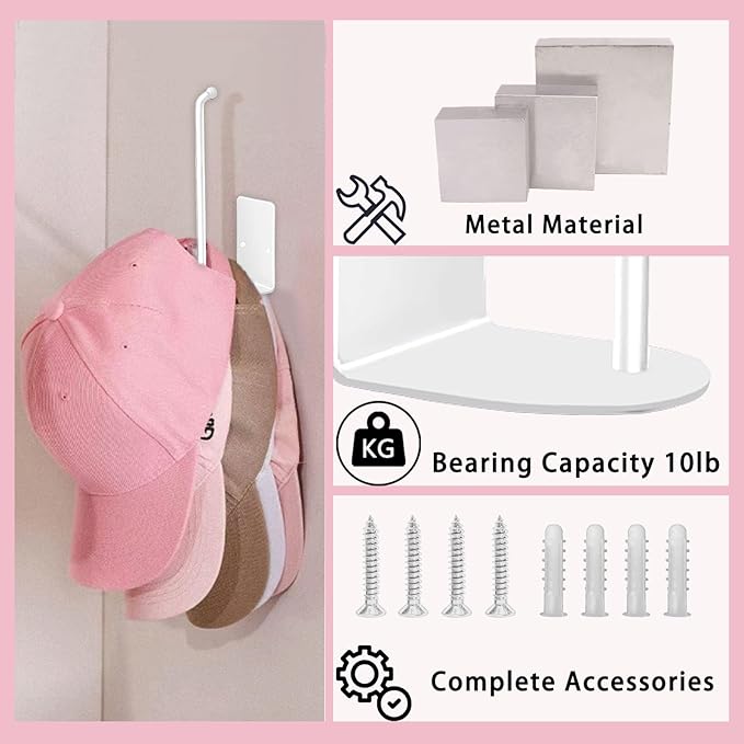 ZIQON 2 Pack Hat Racks for Baseball Caps Stainless Steel Adhesive Hat Hanger Hooks Holder for Wall Hat Holder Storage Organizer Hat Hanger Strong Adhesive/Wall Drilled for Door Closet (White)
