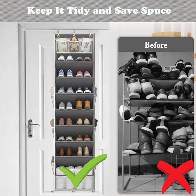 Coraltree Shoe Organizer, over the Door Shoe Organizer for Closet, Hanging Closet Shoe Storage with Large Deep Pockets, Holds Sneakers, Sandals, Boots, Fits 16-24 Pairs - Grey