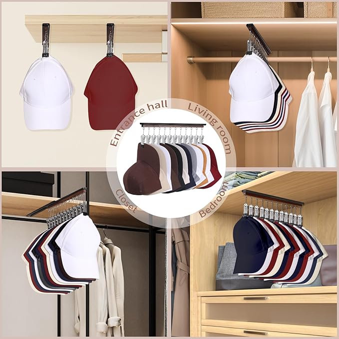 SNOWSTAR Hat Hanger for Closet, 1 Pack Sliding Hat Rack for Baseball Caps, Baseball Hat Organizer Holder with 12 Large Clips, Ball Cap Organizer Wall Space Saving Design