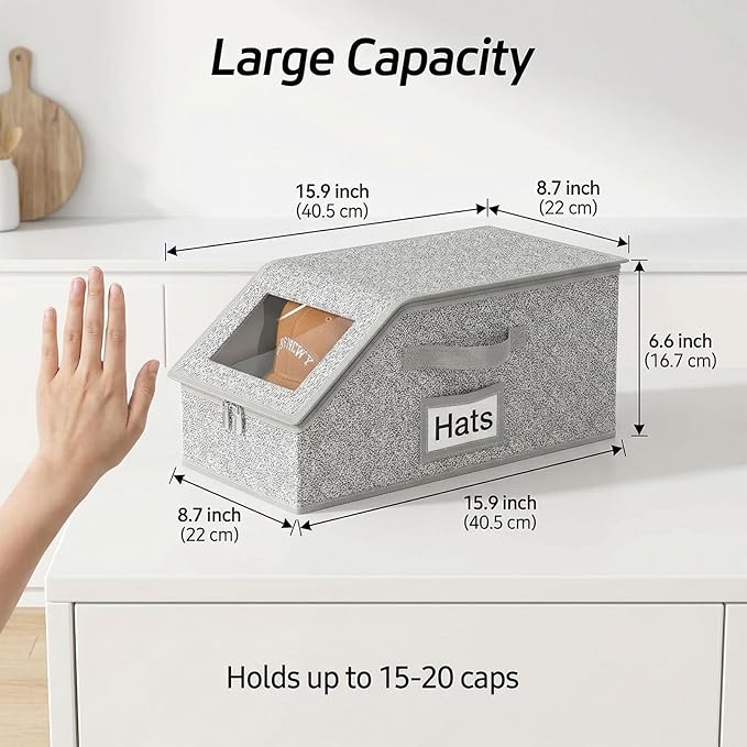 Stackable Hat Storage Organizer – 2-Pack Clear Window Cap Box, Holds 24 Baseball Caps, Snapbacks & Beanies, Grey Fabric