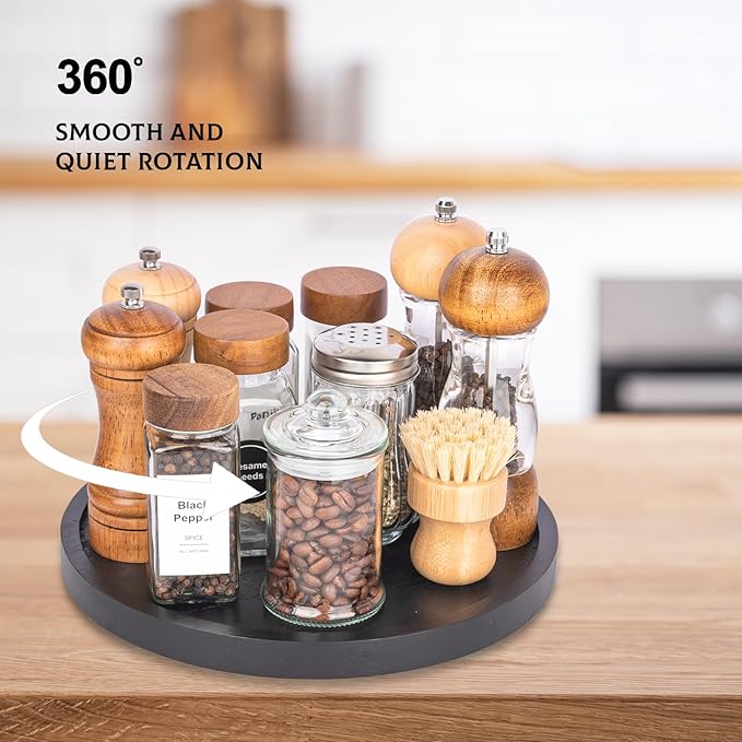 Wood Lazy Susan Organizer Kitchen Turntable for Cabinet Farmhouse Bathroom Decor Round Decorative Tray for Vanity, Counter, Sink, Coffee Table, 11 Inch, Black