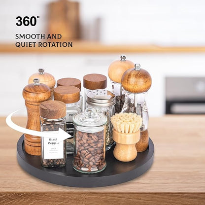 Wood Lazy Susan Organizer Kitchen Turntable for Cabinet Farmhouse Bathroom Decor Round Decorative Tray for Vanity, Counter, Sink, Coffee Table, 11 Inch, Black