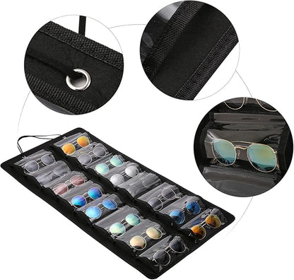 Sunglasses Organizer Storage - 16 Slots Glasses Storage Wall Pocket Display Hanging on Door, Eyewear Display, Dust-Proof (Black, Dust-Proof)