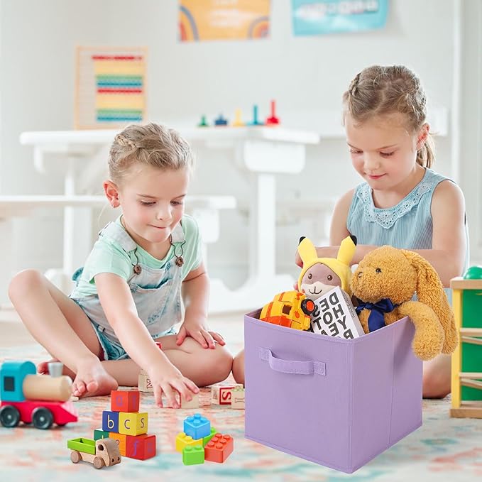 Stero Fabric Storage Bins 6 Pack Fun Colored Durable Storage Cubes with Fabric Handles Foldable Cube Baskets for Home, Kids Room, Closet and Toys Organization Purple