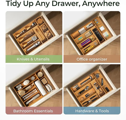 Carbonized Bamboo Kitchen Drawer Organizer, 8 Slots Silverware Organizer, Utensil Holder & Cutlery Tray, 2.2" Deep for Extra Capacity, Non-Slip Feet Included
