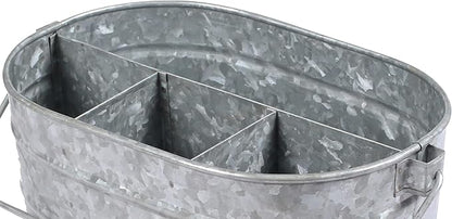 Galvanized Metal Caddy with 4 Compartments, Rustic Farmhouse Kitchen Picnic Utensil Holder, Multipurpose Storage Bin, Metal Garden Planters - 12 Inch - Antique Natural