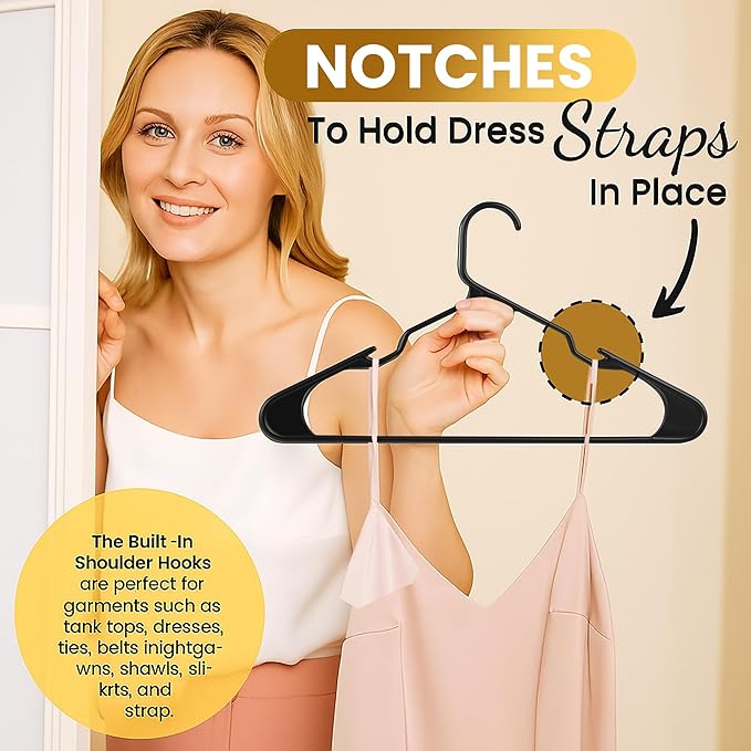 Our Modern Space 100 Pack Adult Plastic Hanger for Shirt Pants Coats Dresses Skirts Suits Jackets - Standard Thick Coat Hanger - Sturdy & Durable Design with Shoulder Grooves Hook - Black