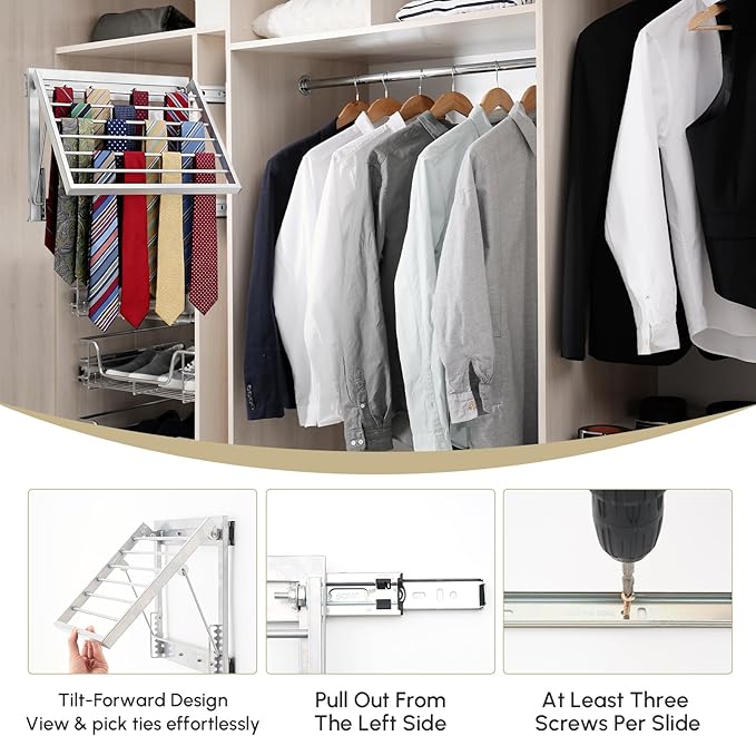 Blulu 13.8'' Sliding Tie Rack for Closet(Left Pull-Out), 60 Tie Pull Out Belt Hanger Wall Mounted Extending Metal Belt Organizer,Sliver