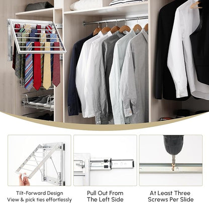 Blulu 13.8'' Sliding Tie Rack for Closet(Left Pull-Out), 60 Tie Pull Out Belt Hanger Wall Mounted Extending Metal Belt Organizer,Sliver