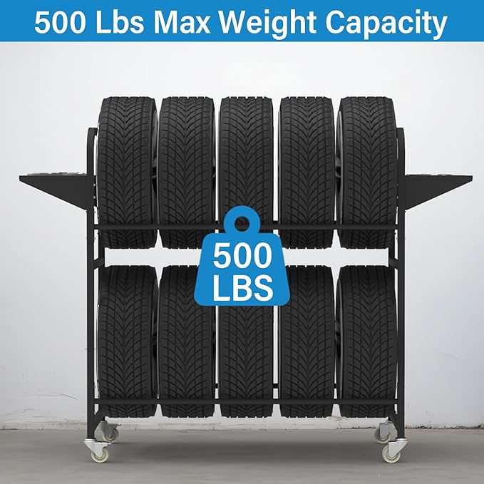 Tire Storage Rack 44" x 44" x 18" with Anti-Dust Cover, Rolling Adjustable Black Alloy Steel Tire Rack for Garage with 4 Swivel Casters & 2 Storage Shelves