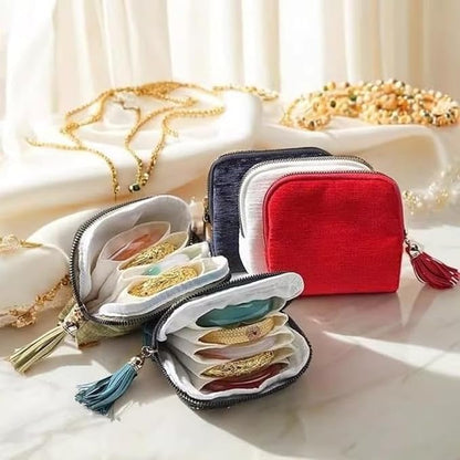 Travel Jewelry Case, Portable Foldable Box Mini Jewelry Travel Bag with Tassel Zipper Design, Soft Velvet Organizer Pouch for Bangle, Five Compartments