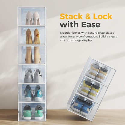 NEWBULIG 30 Clear Shoe Storage Boxes, Shoe Organizer for Closet with Lid, Plastic Stackable Breathable Shoe Cabinet with Lid for Sneakers, Heels & Boots, White
