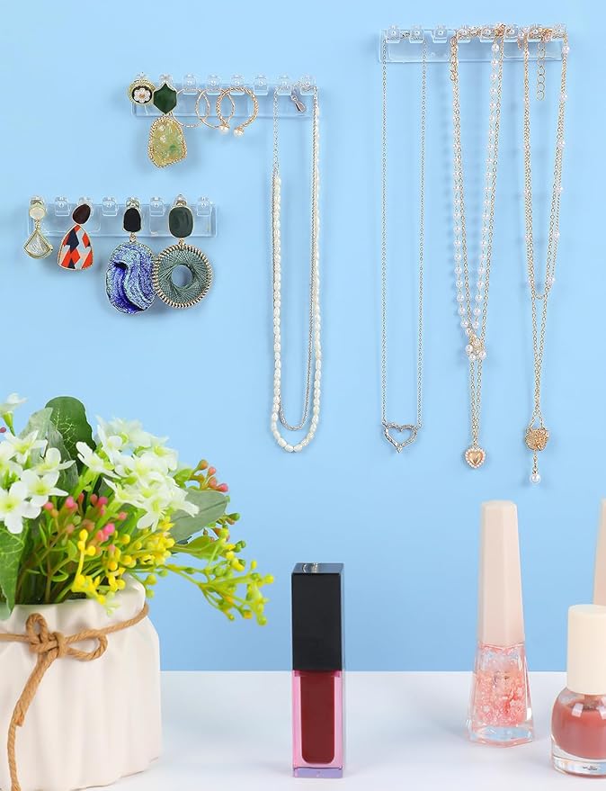 12Pcs Self-Adhesive Necklace Organizer, Necklace Holder Wall Mounted, Hanging Jewelry Organizer with 8 Hooks for Necklaces, Bracelets, Rings, Earrings and Jewelry Display (3.7inch Long)