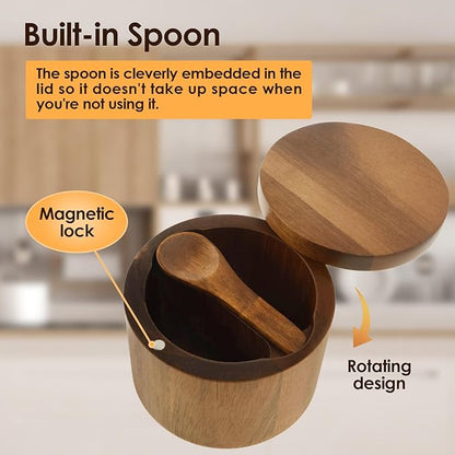 Acacia Wood Salt Cellar, Salt Container with Built in Spoon and Magnetic Swivel Lid, Salt Shakers for Kitchen, Small Wooden Box for Keeping Gourmet Salts, Herbs or Favorite Seasonings (Style 2)