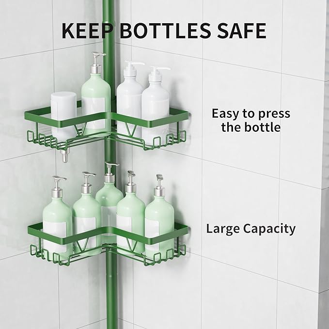 KEGII Shower Caddy Tension Pole, 4-Tier Rustproof Adjustable Corner Bathroom Organizer for Renters, 25–114.2 Inch No Drill Space-Saving Shower Storage Rack, Emerald Green