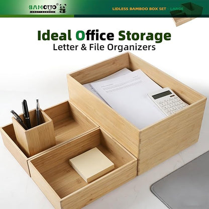 BAMOTTO CRAFTBAMBOO 3-Piece Large Bamboo Storage Box Set - 7.1in High Stackable Deep-Drawer Organizer, Lidless Bamboo Bin for Kitchen Cutlery Utensils Knives (14.6"x10.2"x7.1"*1 + 10.2"x7.3"x3"*2)