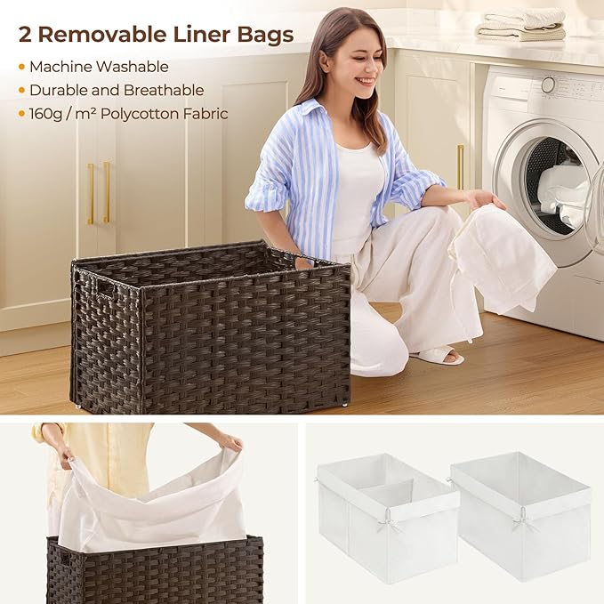 Greenstell Storage Basket with Lid, 105L Large Wicker Basket with Lid, Handwoven Blanket Storage Basket with Handles, Removable Cotton Liner, Metal Frame, Foldable for Bedroom, Laundry Room, Brown