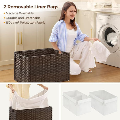Greenstell Storage Basket with Lid, 105L Large Wicker Basket with Lid, Handwoven Blanket Storage Basket with Handles, Removable Cotton Liner, Metal Frame, Foldable for Bedroom, Laundry Room, Brown