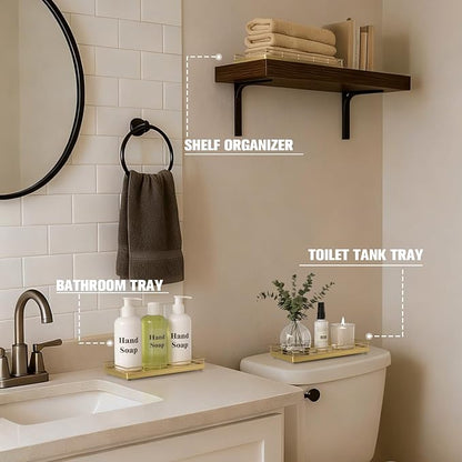 Bathroom Vanity Tray for Countertop, 12" x 6" Oak Wood Toilet Tank Tray with Metal Guardrail, Bathroom Organizer for Soap, Perfume & Skincare, Non-Slip Decorative Tray for Dresser & Vanity, Gold