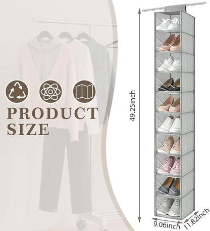 Sadnyy 10-Shelf Hanging Closet Shelf Shoe Organizer with Dust Cover Hanging Closet Organizer Dorm Essentials for Girls Boys Clothes Storage for Hats and Handbags, 10 kg Load Capacity(Gray)