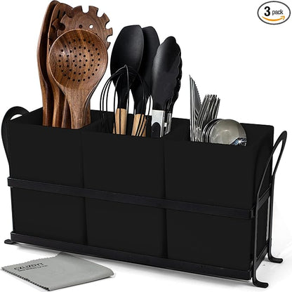Czlizdyt Large Kitchen Utensil Holder, Drainage Utensil Caddy for Countertop, 3pcs Bins Set Cooking Utensil Organizer for Spoons, Spatulas, Black