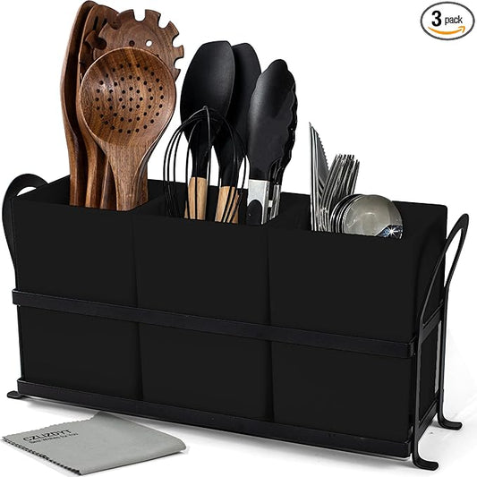Czlizdyt Large Kitchen Utensil Holder, Drainage Utensil Caddy for Countertop, 3pcs Bins Set Cooking Utensil Organizer for Spoons, Spatulas, Black