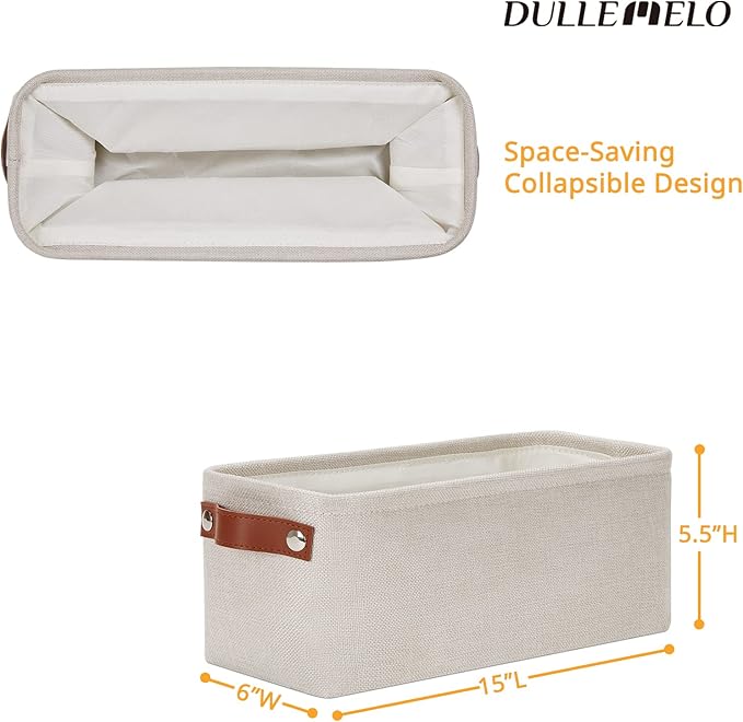 DULLEMELO Small Storage Basket, Toilet Paper Basket Narrow Storage Bin for Bathroom, Bathroom Basket for Organizing with Leather Handles, Canvas Storage Basket for Toilet Magazine Holder(Beige)
