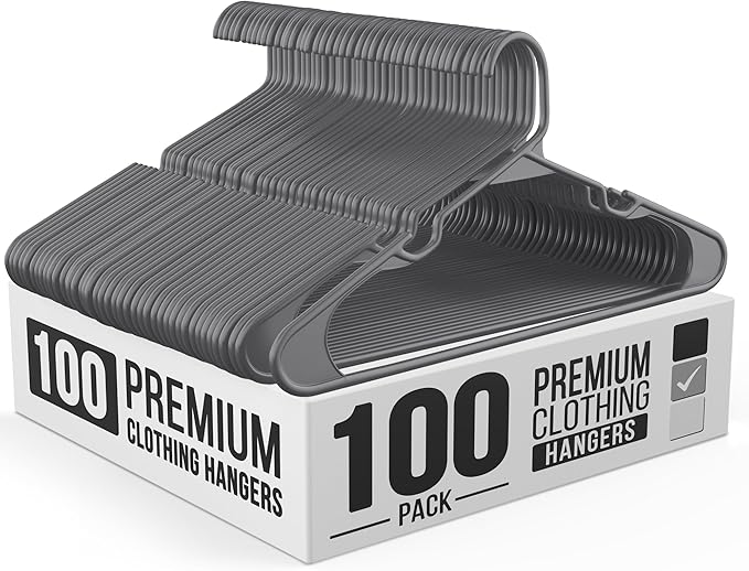 Our Modern Space 100 Pack Plastic Hanger for Shirt Pants Coats Dresses Skirts Suits Jackets - Standard Thick Coat Hanger - Sturdy & Durable Design with Shoulder Grooves Hook - Grey
