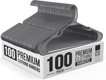 Our Modern Space 100 Pack Plastic Hanger for Shirt Pants Coats Dresses Skirts Suits Jackets - Standard Thick Coat Hanger - Sturdy & Durable Design with Shoulder Grooves Hook - Grey