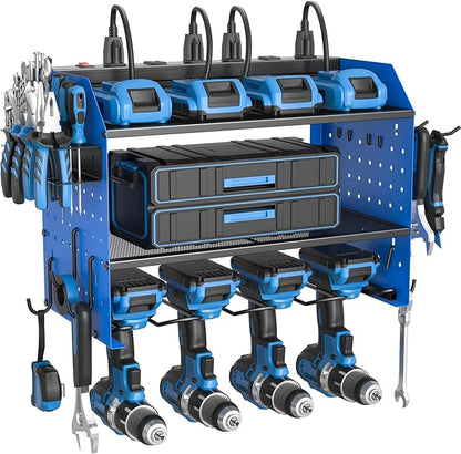 ZESEN Power Tool Organizer with Charging Station, Heavy Duty 4 Layer Drill Holder Wall Mount Garage Shelf Rack with 6 Outlet Power Strip, Tool Shelf with Hooks, Drill Bit Rack for Garage, Blue