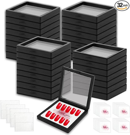 32 Pcs Press On Nail Packaging Box with 120 Pcs Adhesive Double Sided Tape, Black Artificial Nail Display Case, Earrings Storage Organizer, for Birthdays, Christmas Gift