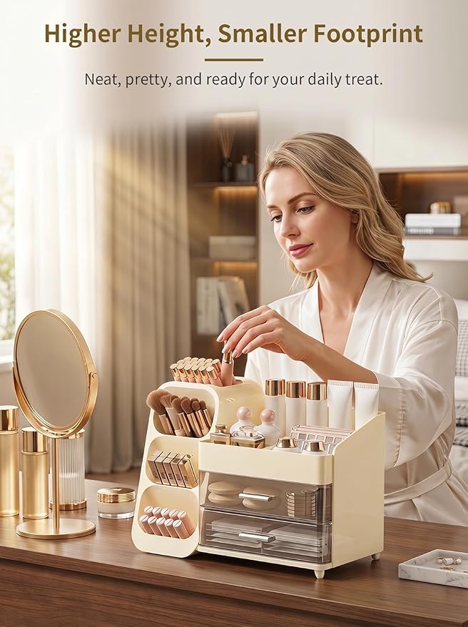 Booklov Makeup Organizer for Vanity, Large Capacity Cosmetic Display Case with Clear Acrylic Drawer, Countertop Beauty Storage Holder for Skincare, Brush Eyeshadow Lipstick Counter Desk, Crystal Cream