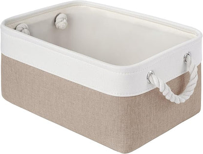 Storage Baskets for Shelves 13.8x9.8x6.7 Inch, Foldable Fabric Storage Bins with Handles, Small Storage Baskets for Organizing Closet, Office, Home Organization (1-Pack, White&Khaki)