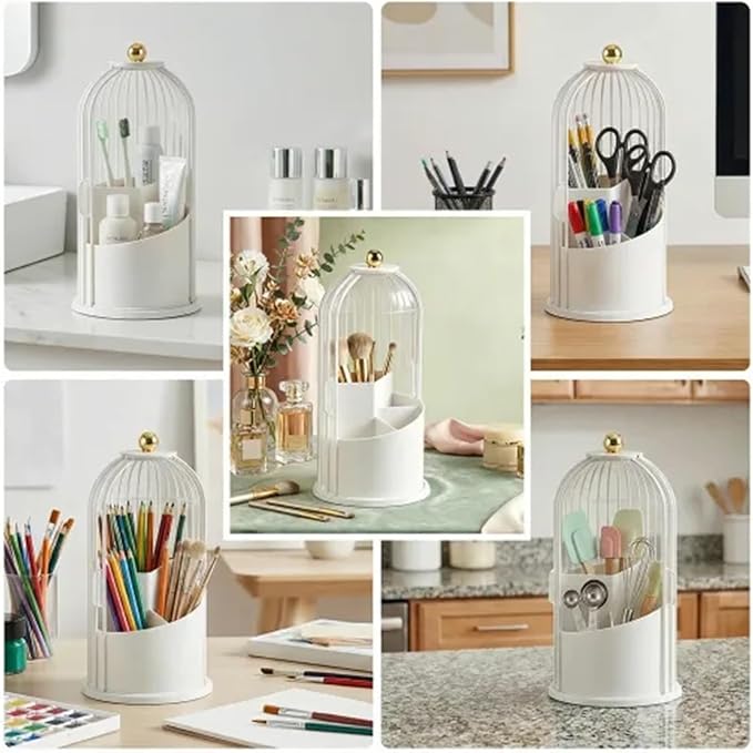 Makeup Brush Holder with Lid 360° Rotating 3-Compartment Makeup Organizers for Vanity, Waterproof & Dustproof Cosmetic Storage Box for Dressing Table (Transparent White)