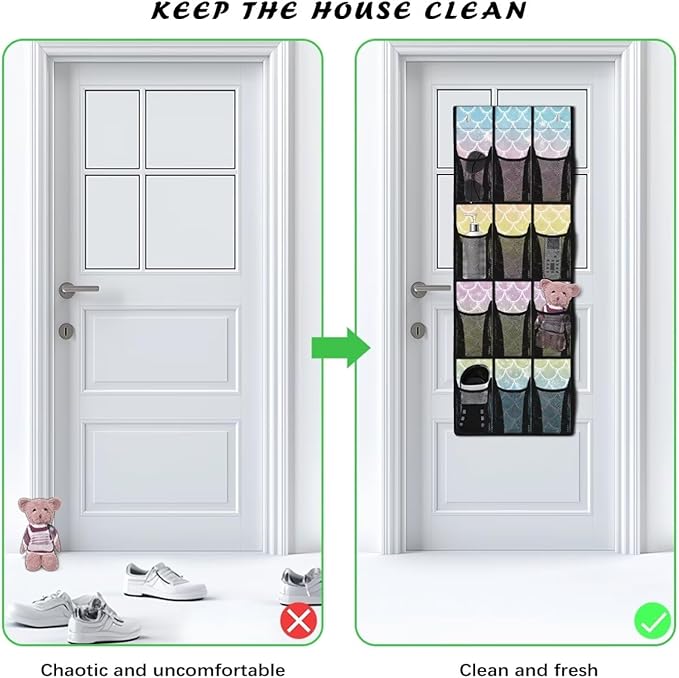 Mermaid Scale Door Organizer Hanging Shoe Organizer for College Dorm Room 12 Compartment Breathable Mesh Pocket Over the Door Hanging Storage Bag for Kids Room