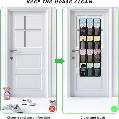 Mermaid Scale Door Organizer Hanging Shoe Organizer for College Dorm Room 12 Compartment Breathable Mesh Pocket Over the Door Hanging Storage Bag for Kids Room