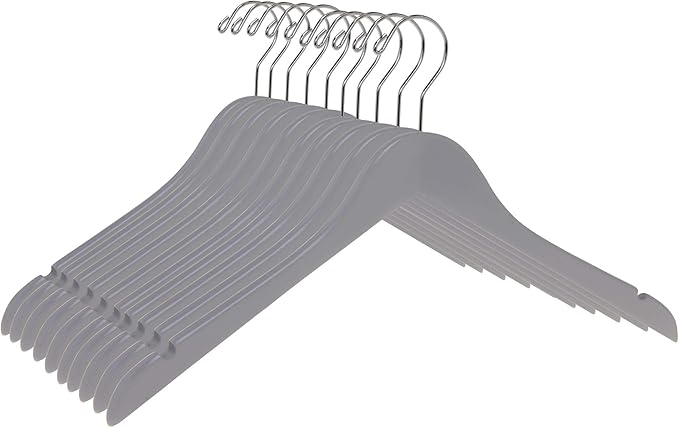 Quality Semi Curved Wooden Suit Hangers, 10-Pack Smooth Finish Solid Wood Coat Hanger with Swivel Hook, Jacket, Pant, Dress Clothes Hangers (Gray, 10)