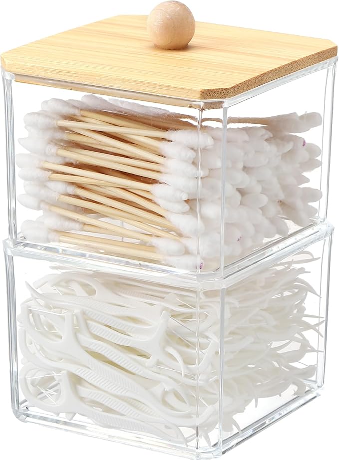 Qtip Holder Acrylic Container for Cotton Swab, Cotton Pads, Floss Picks - Restroom Containers Bathroom Essentials Accessories Decor Vanity Storage Organizer, 3.5'' x 3.5'' x 5.3''