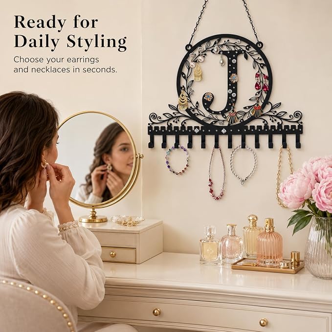 Wall-Mounted Metal Initial Letter J Earring Holder Hanging Jewelry Organizer for Earrings and Necklaces Space-Saving Wall Display with Hooks for Jewelry Storage