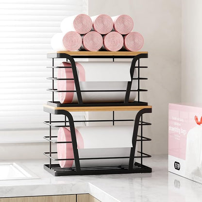 TIDIIABODE 2 Pack Stackable Storage Laundry Kitchen Organizers, Wall Mount Trash Bag Holder with Bamboo Top and Garbage Bag Dispenser No Drill